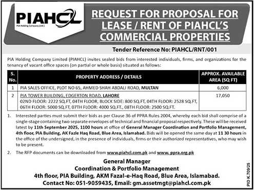 PIAHCL Islamabad Tender Notice